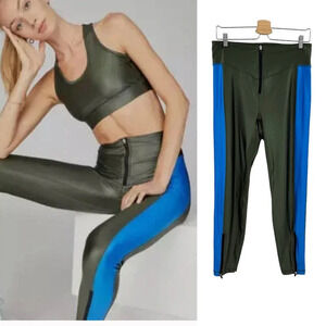 All Access Leggings Zip Front Two-Tone Stretch Side Stripe Green Blue Size XL